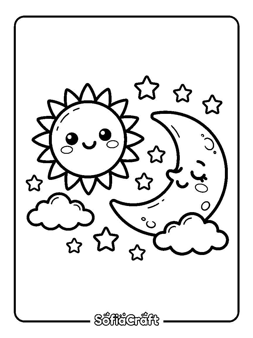 Coloring page of a smiling sun beside a sleeping crescent moon with stars and two clouds