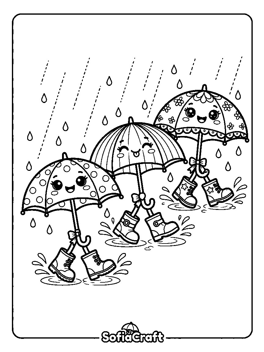Coloring page of three umbrellas with faces and boots walking in a row through falling rain
