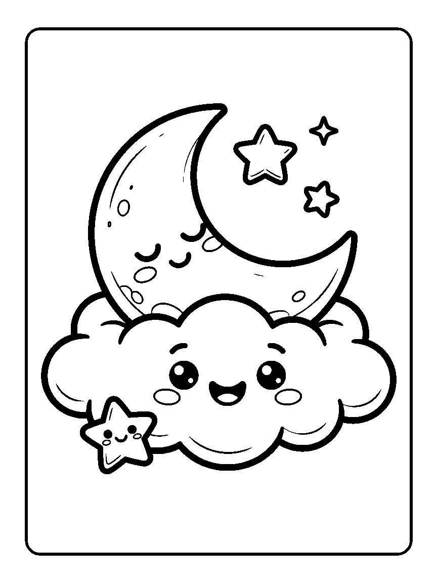 Coloring page of a sleeping crescent moon on a smiling cloud with stars around them