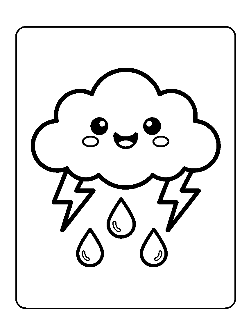 Coloring page of a smiling cloud with two outlined lightning bolts and three raindrops