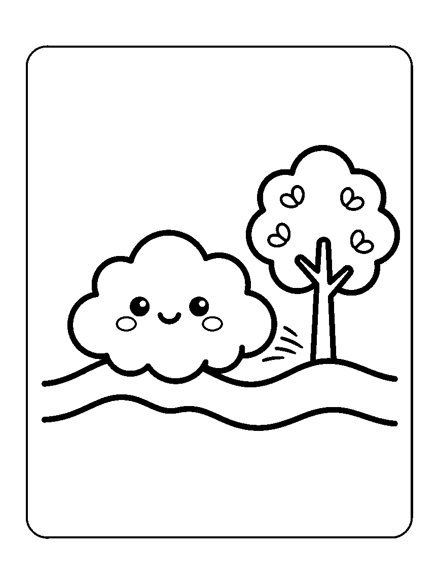Coloring page of a cloud-shaped fog puff with a face rolling over two hills beside a tree