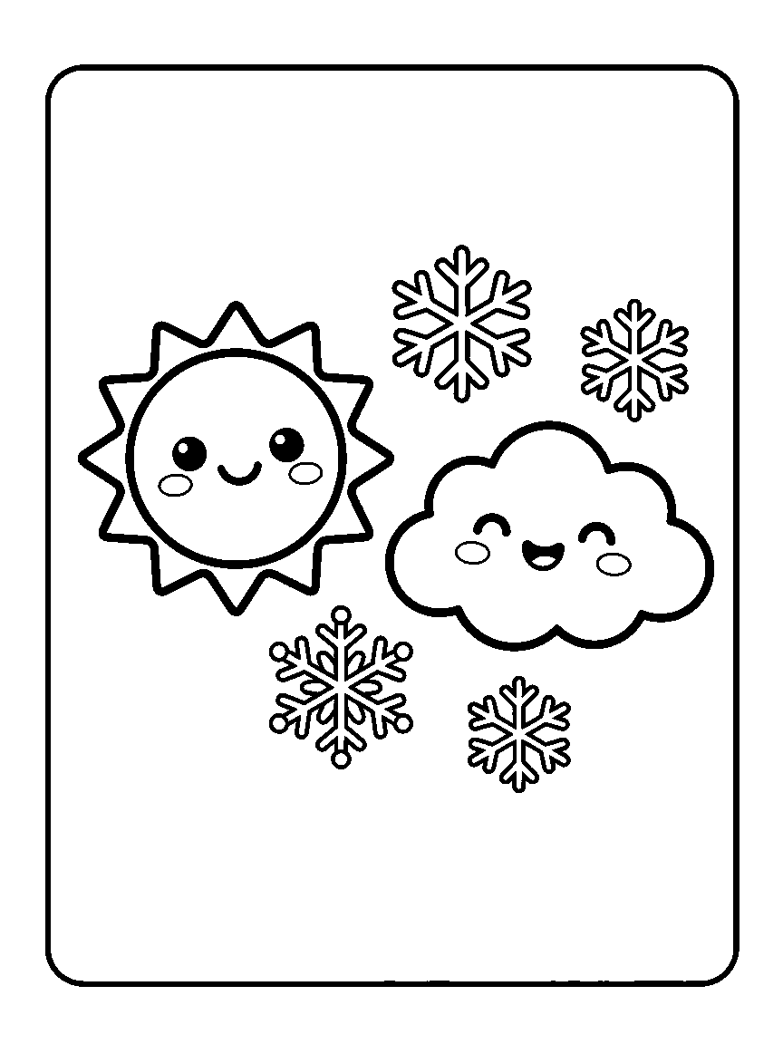 Coloring page of a smiling sun and a snow cloud with four snowflakes between them