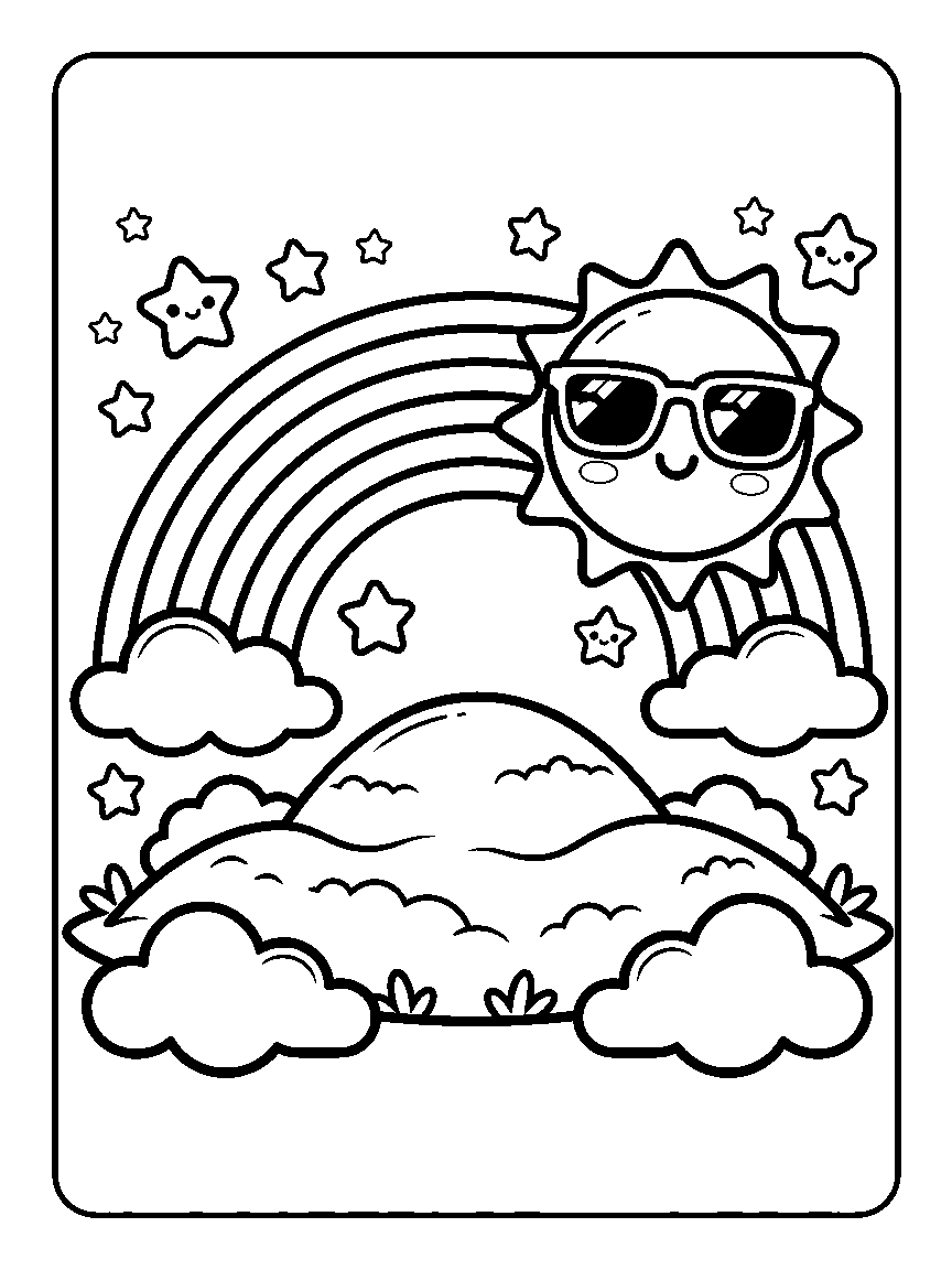 Coloring page of a wide rainbow over cloud-covered hills with a sun wearing sunglasses and smiling stars