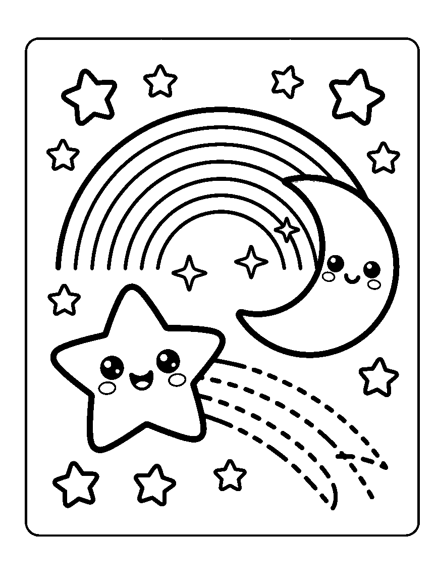 Coloring page of a large smiling shooting star with a dotted trail, a rainbow, a crescent moon with a face, and stars