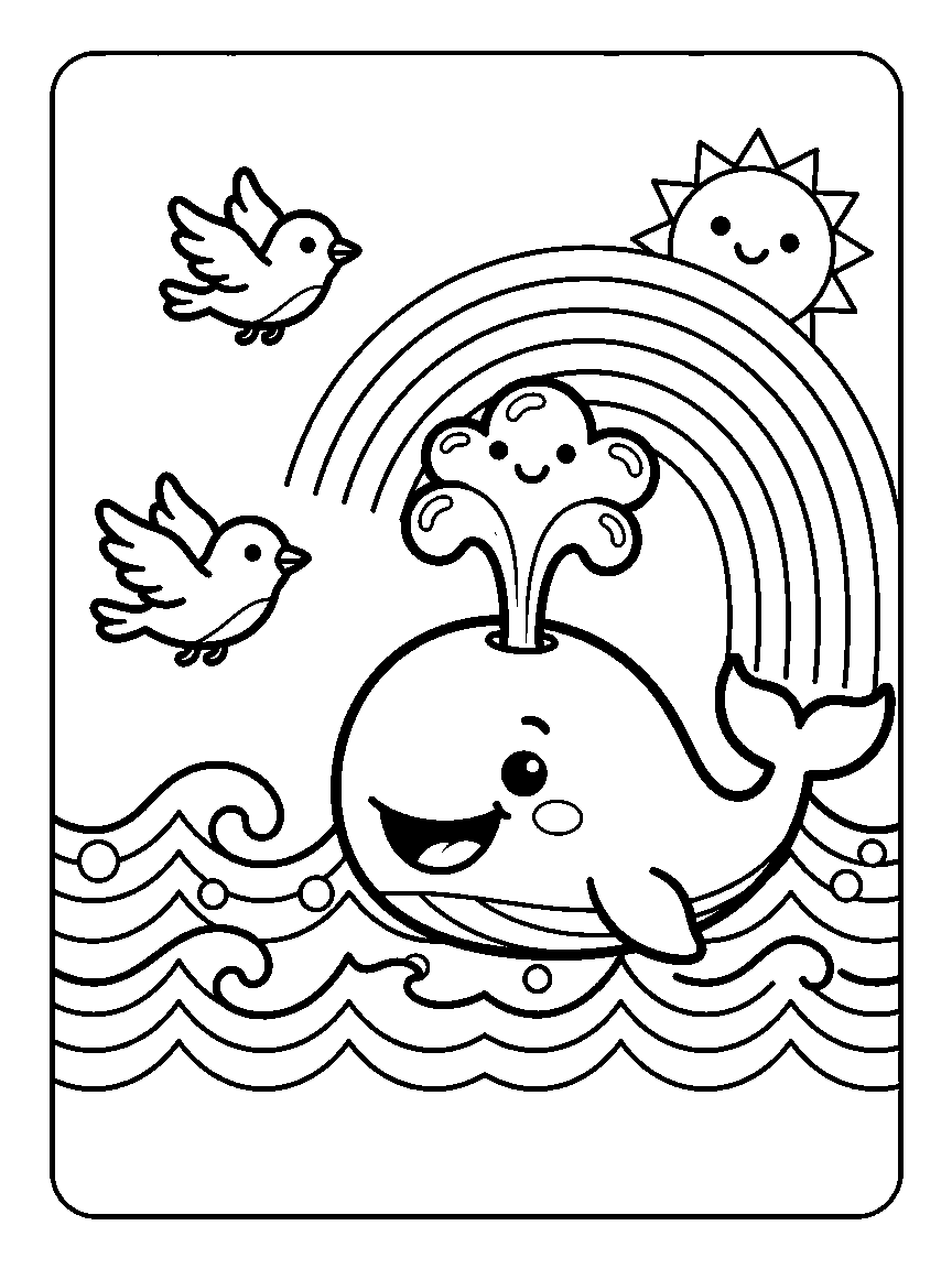 Coloring page of a smiling whale in ocean waves beneath a rainbow, with a sun and two seagulls