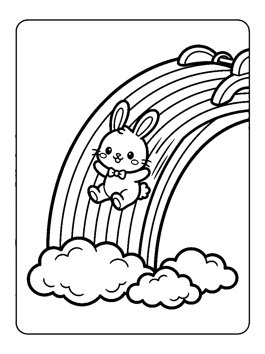 Coloring page of a chibi bunny sliding down a rainbow toward fluffy clouds