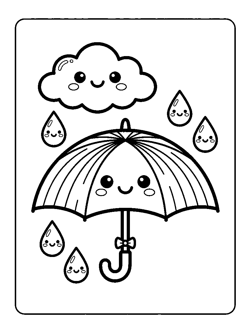 Coloring page of a smiling umbrella under a cloud with raindrops falling around it
