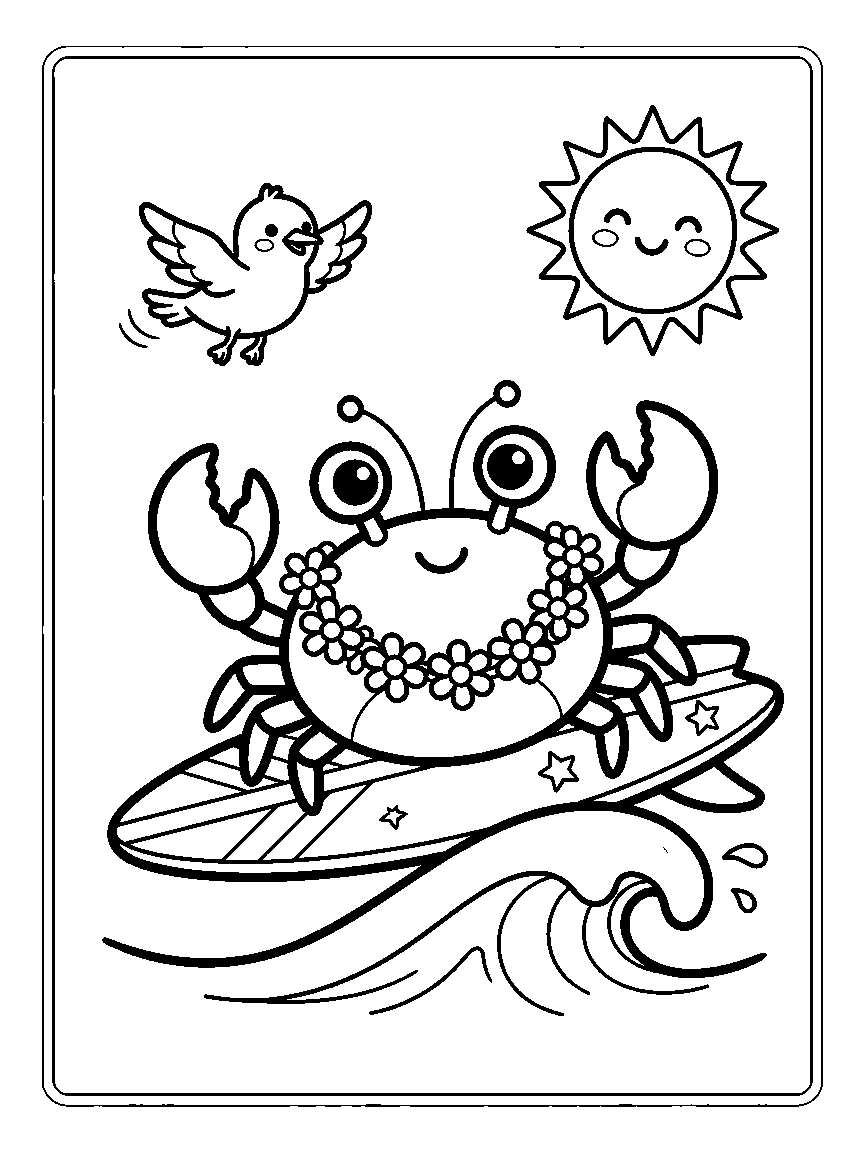 Coloring page of a smiling crab in a flower lei surfing a wave with a sun and a seagull