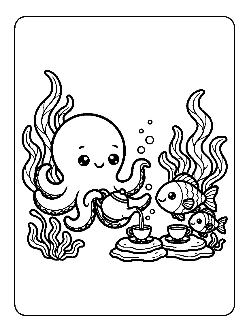 Coloring page of a smiling octopus pouring tea for two fish with cups and seaweed