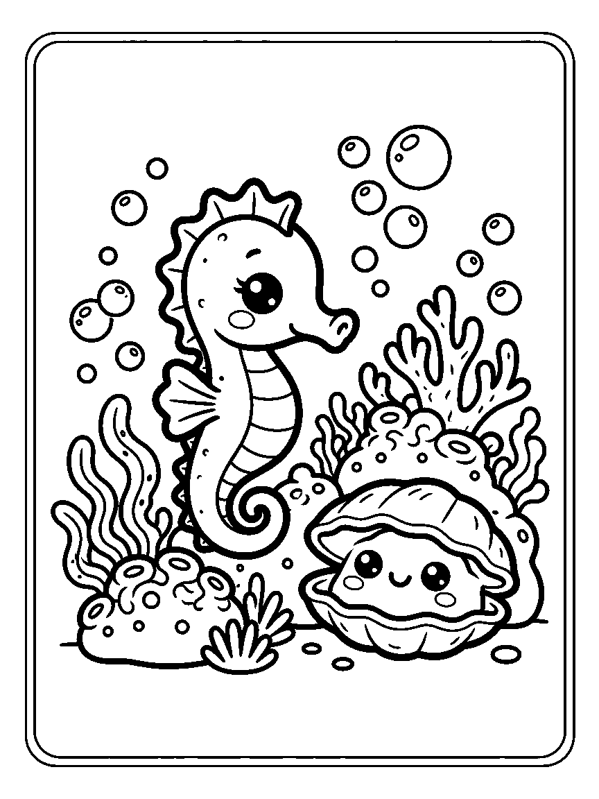 Coloring page of a seahorse with coral, bubbles, a smiling clam, and simple underwater plants