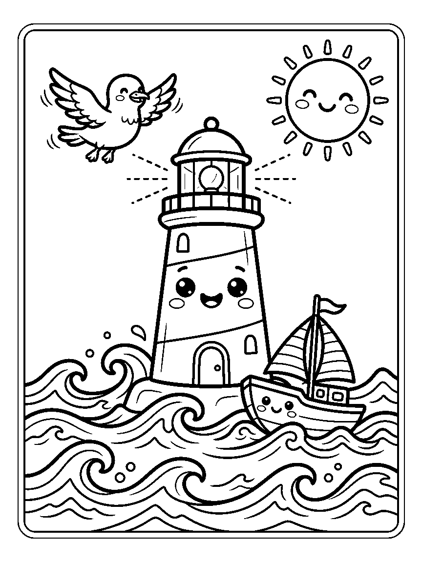 Coloring page of a smiling lighthouse with a small boat, waves, a sun, and a seagull