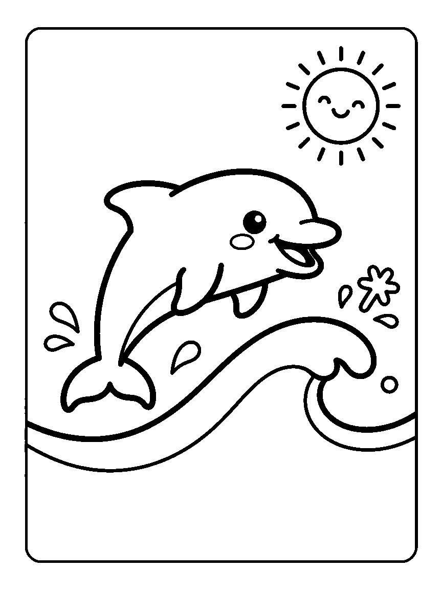 Coloring page of a smiling dolphin leaping over a wave under a round sun with splash drops