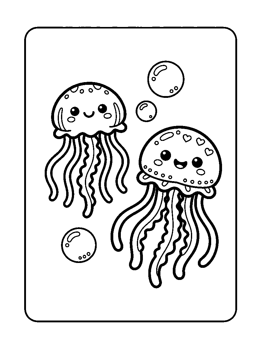 Coloring page of two smiling jellyfish with wavy tentacles and three bubbles