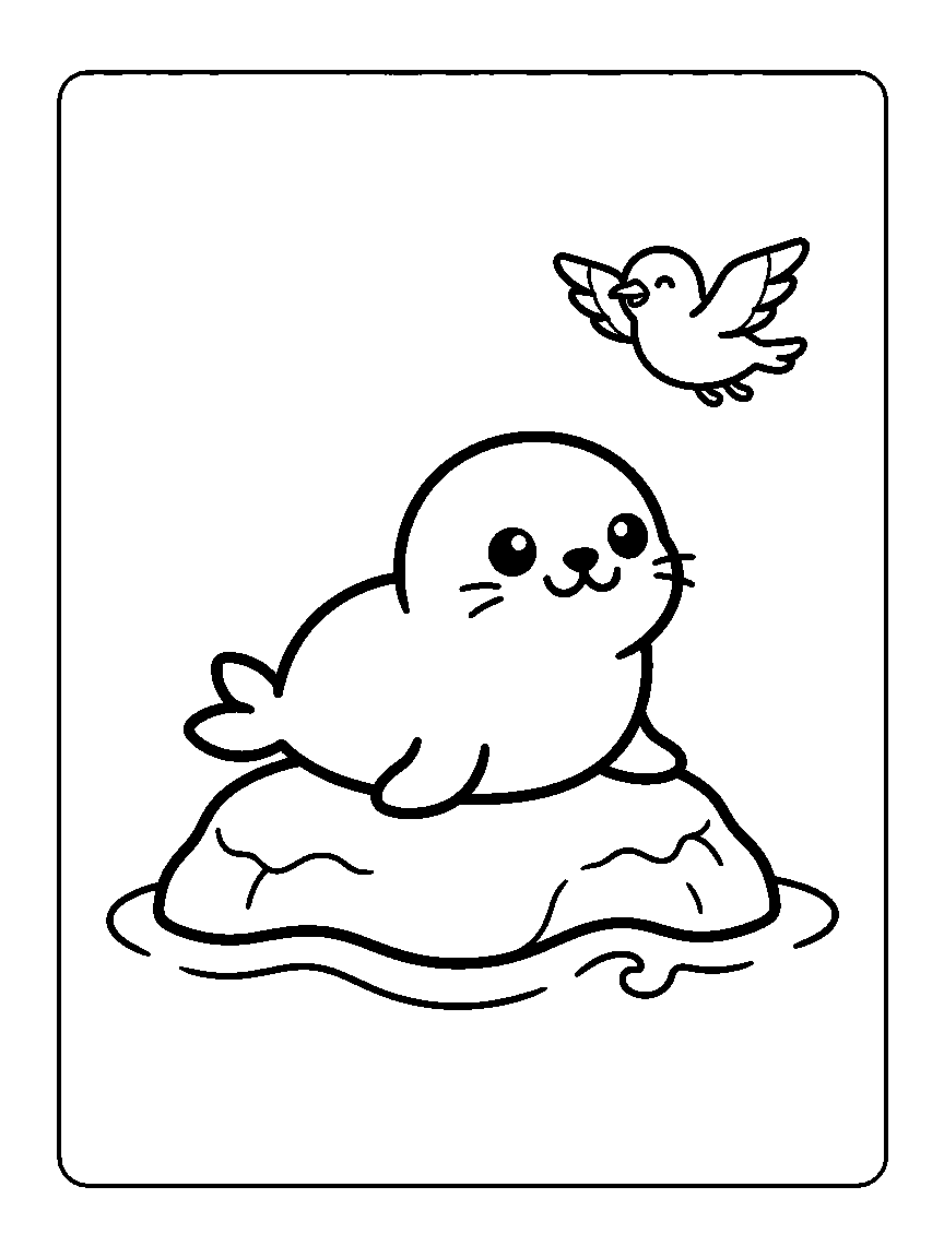 Coloring page of a round seal on a rock with a seagull flying above