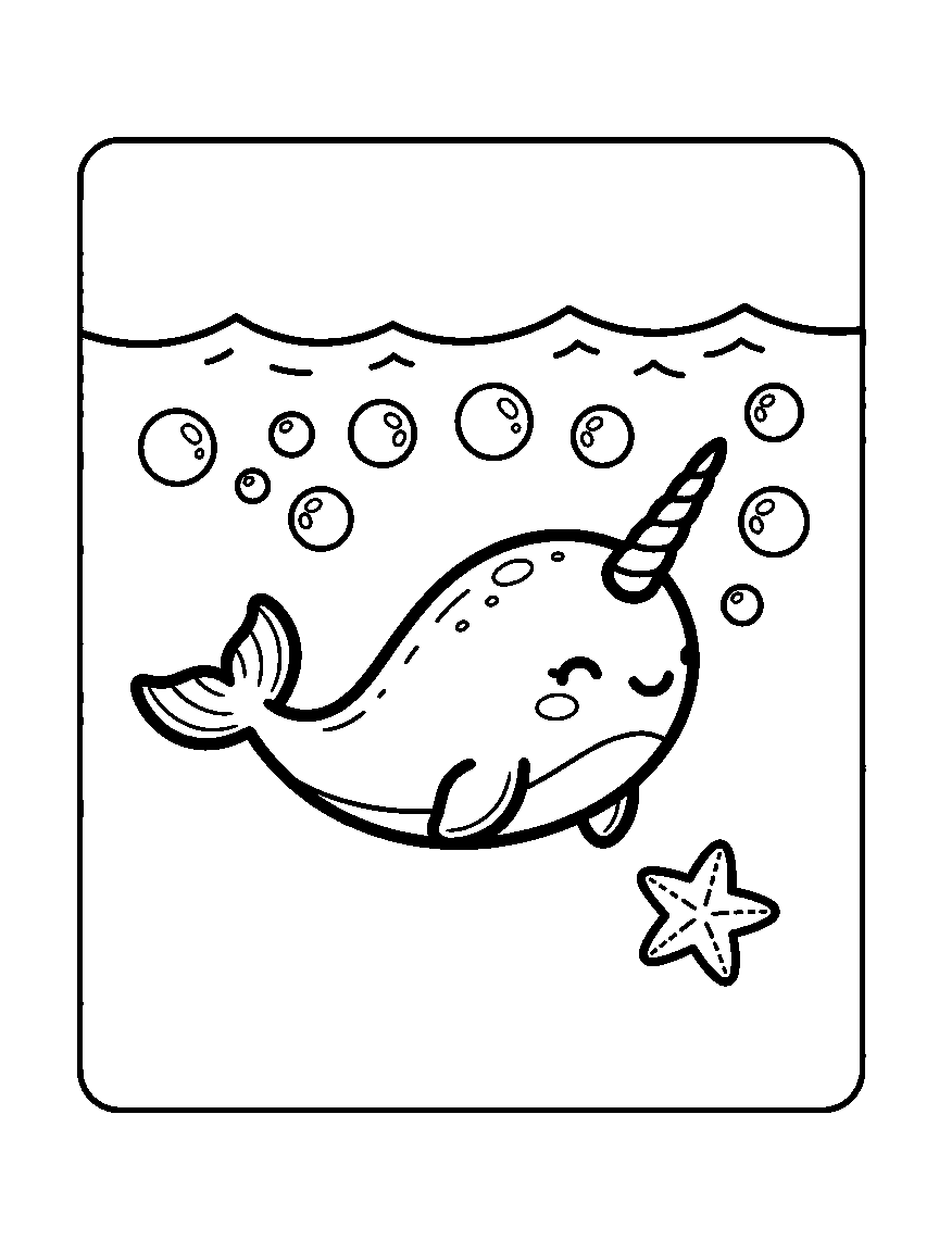Coloring page of a smiling narwhal with a spiral horn, bubbles, a starfish, and a wave line
