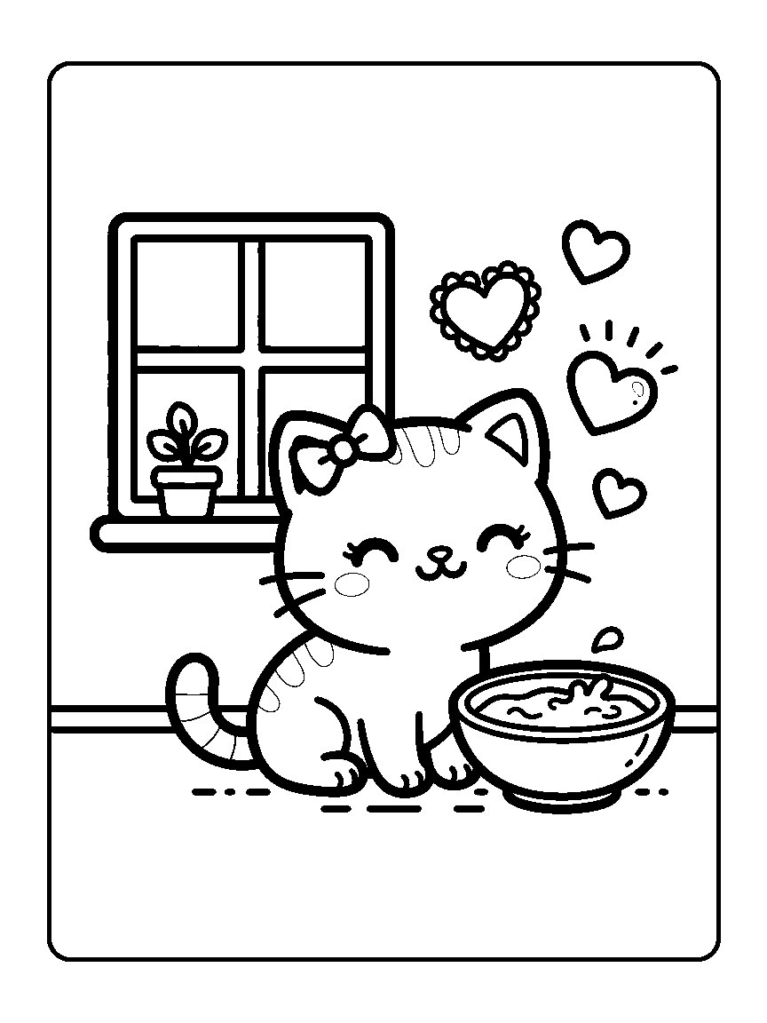 Coloring page of a sitting cat with a milk bowl, floating hearts, and a window behind