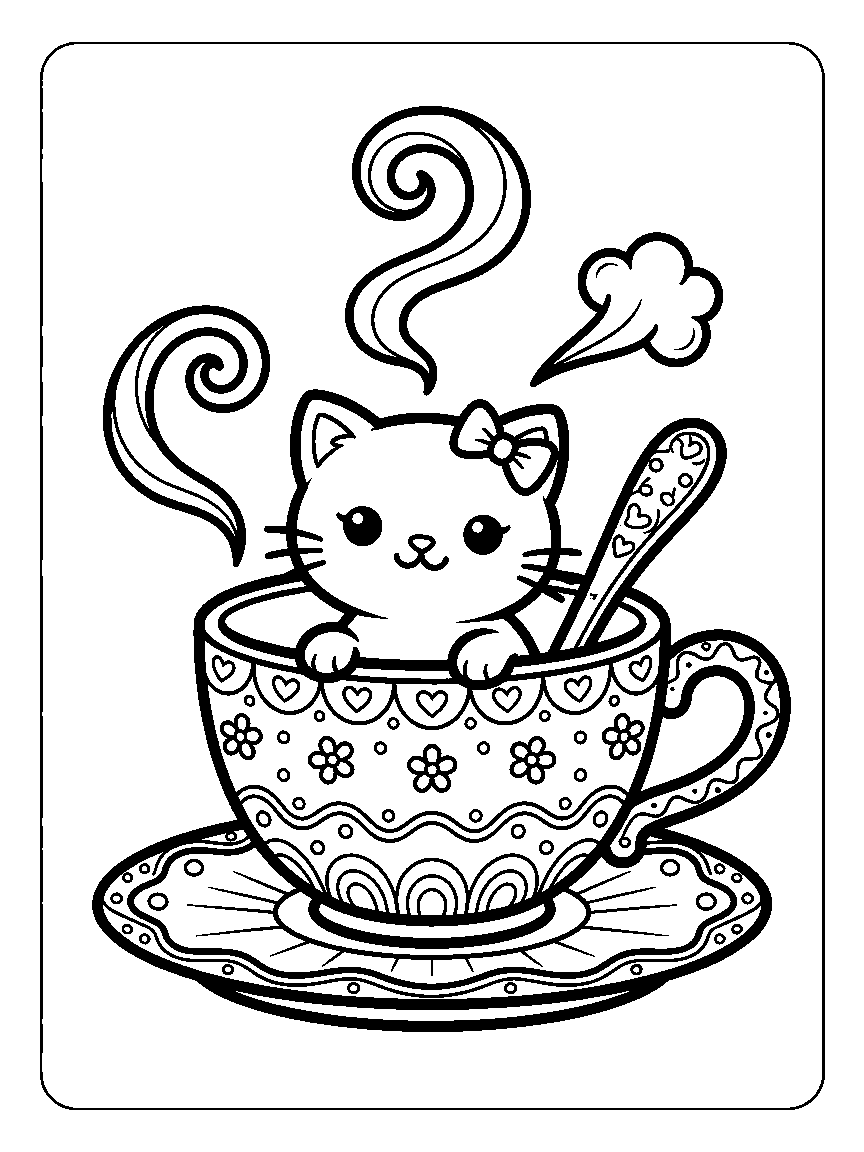 Coloring page of a kitten sitting in an oversized teacup on a saucer with steam and a spoon
