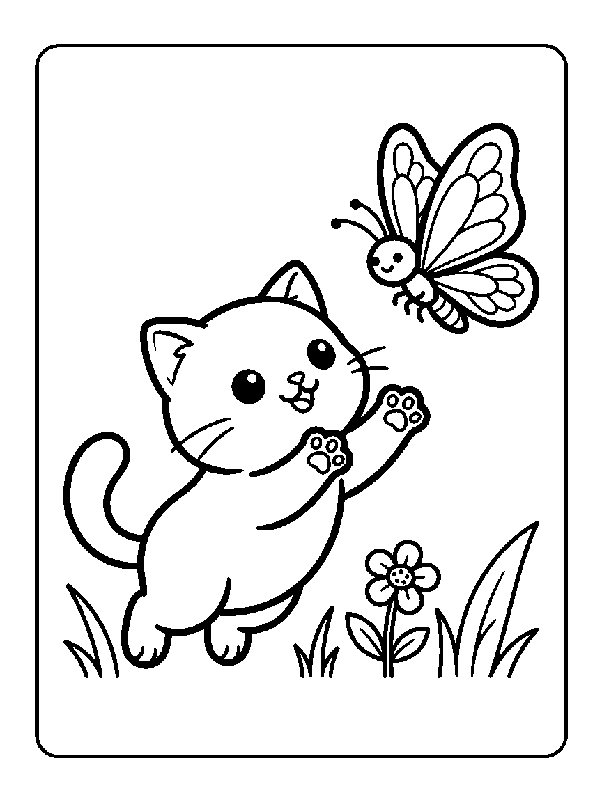 Coloring page of a round cat pouncing toward a butterfly above a flower and grass