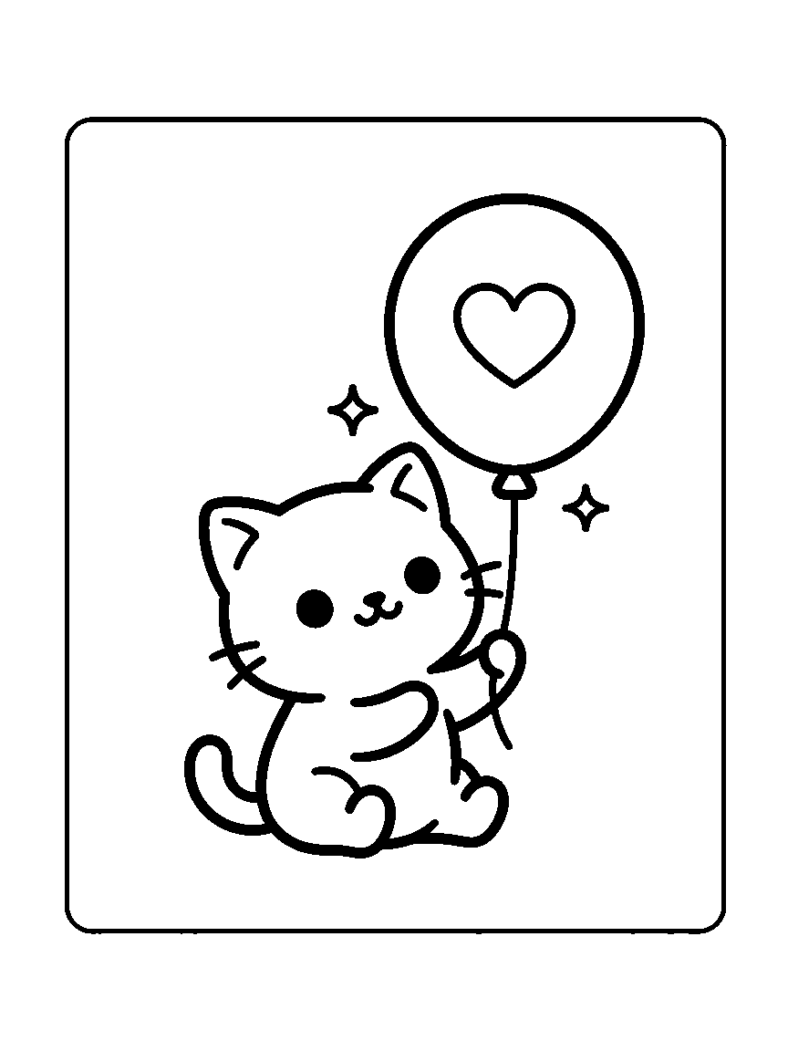 Coloring page of a sitting cat holding a round balloon with a heart and two sparkles