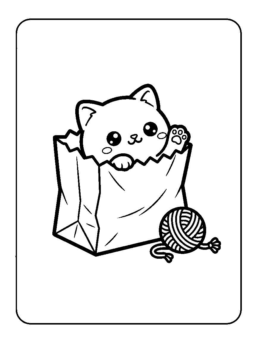 Coloring page of a round cat peeking from a paper bag with a yarn ball beside it