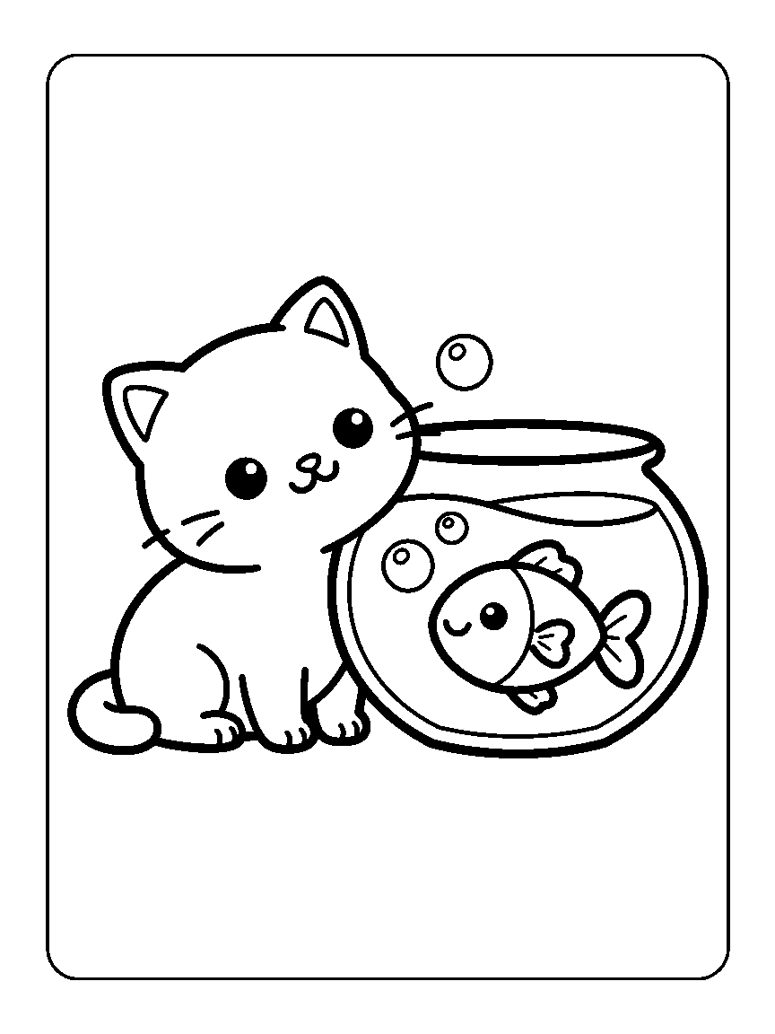 Coloring page of a round cat beside a fishbowl with one smiling fish and bubbles