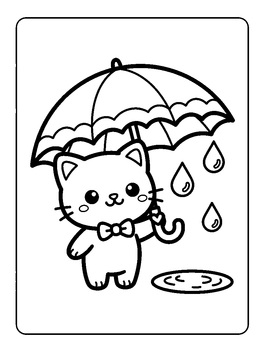 Coloring page of a cat holding a scalloped umbrella with three raindrops and a small puddle