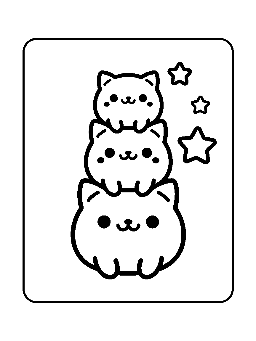 Coloring page of three round cats stacked one on top of another with three stars beside them