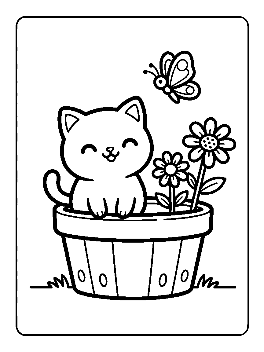Coloring page of a round cat sitting in a flower pot with two daisies and a butterfly