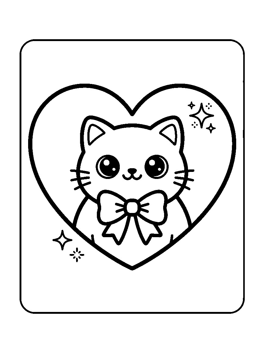 Coloring page of a round cat wearing a bow tie inside a heart outline with sparkles