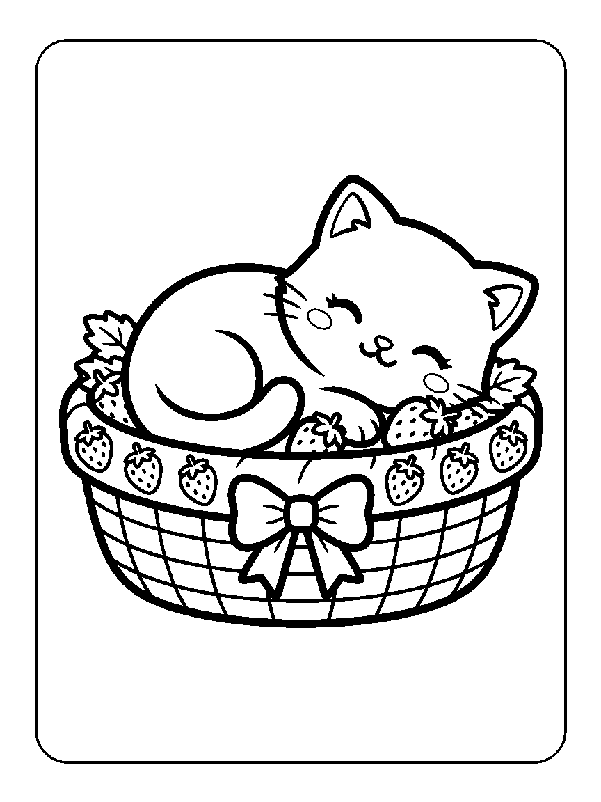 Coloring page of a sleepy kitten curled in a strawberry-decorated basket with closed smiling eyes