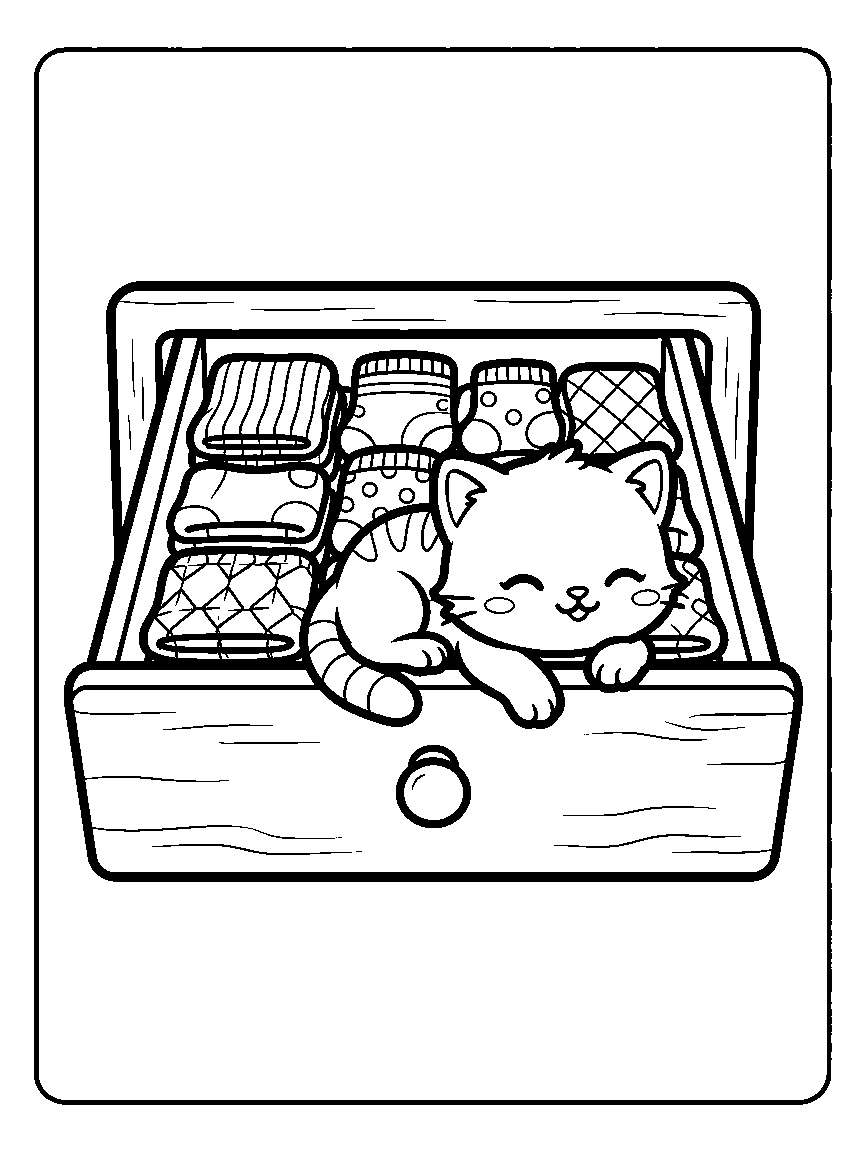 Coloring page of a kitten napping in an open dresser drawer with folded socks and a paw hanging out