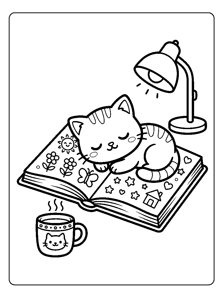 Coloring page of a kitten asleep on an open picture book with a reading lamp and mug