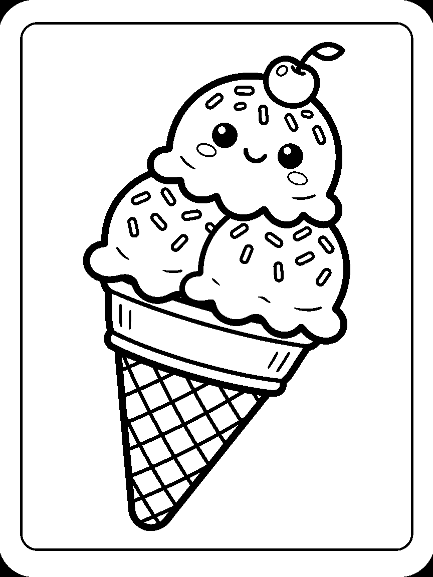 Coloring page of a three-scoop ice cream cone with a cute face, wafer cone, cherry, and sprinkles