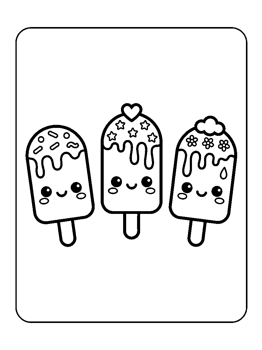 Coloring page of three popsicles with faces standing in a row with different toppings and drips