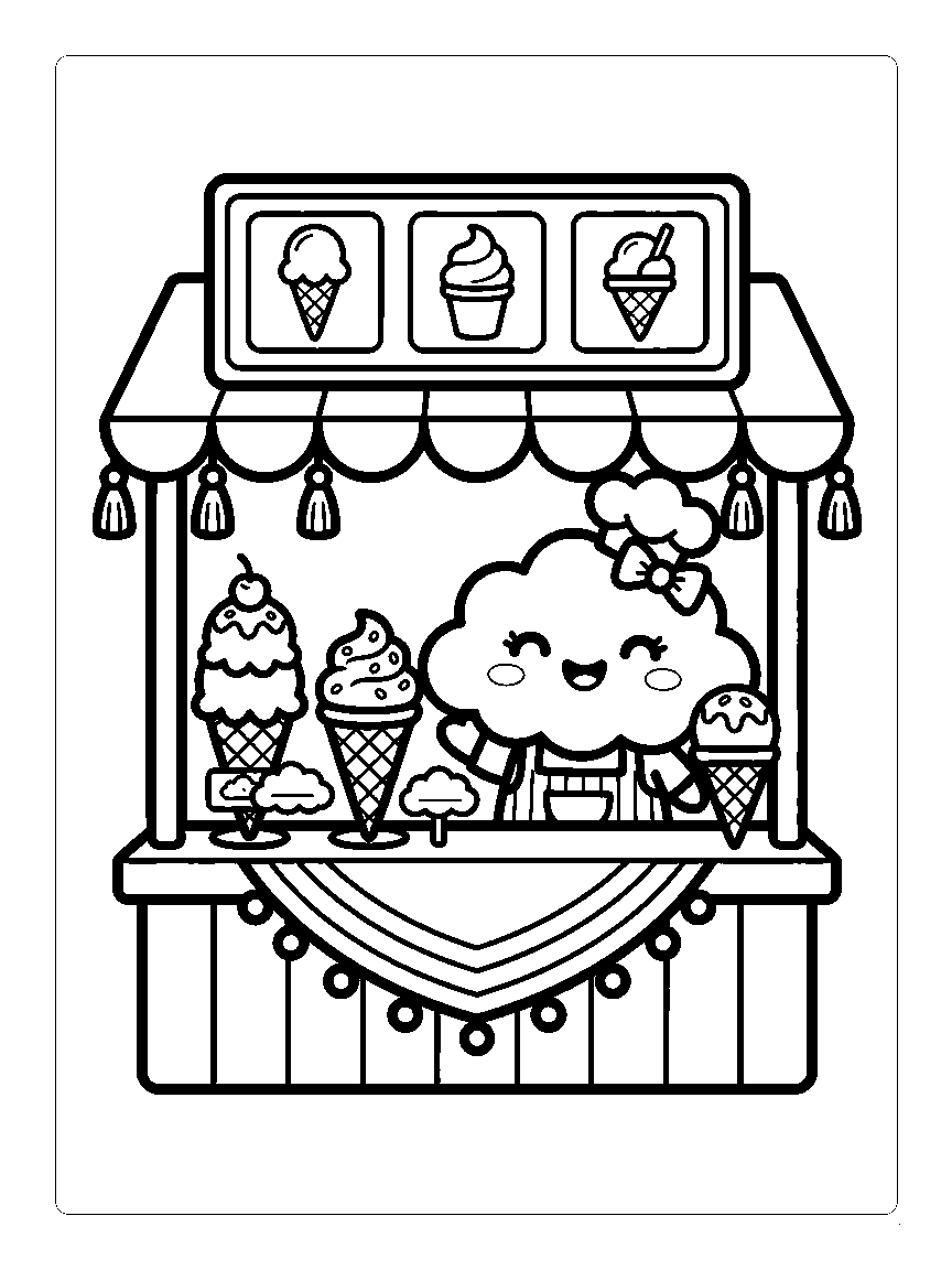 Coloring page of a tiny ice cream booth with picture signs, cones on display, and a smiling vendor cloud