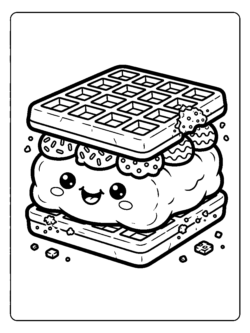 Coloring page of an ice cream sandwich between two waffles with a smiling filling and crumbs