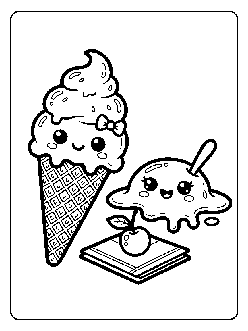Coloring page of an upright ice cream cone beside a smiling melted puddle, napkin, and cherry