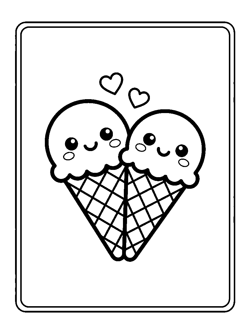 Coloring page of two smiling ice cream cones hugging with two hearts above