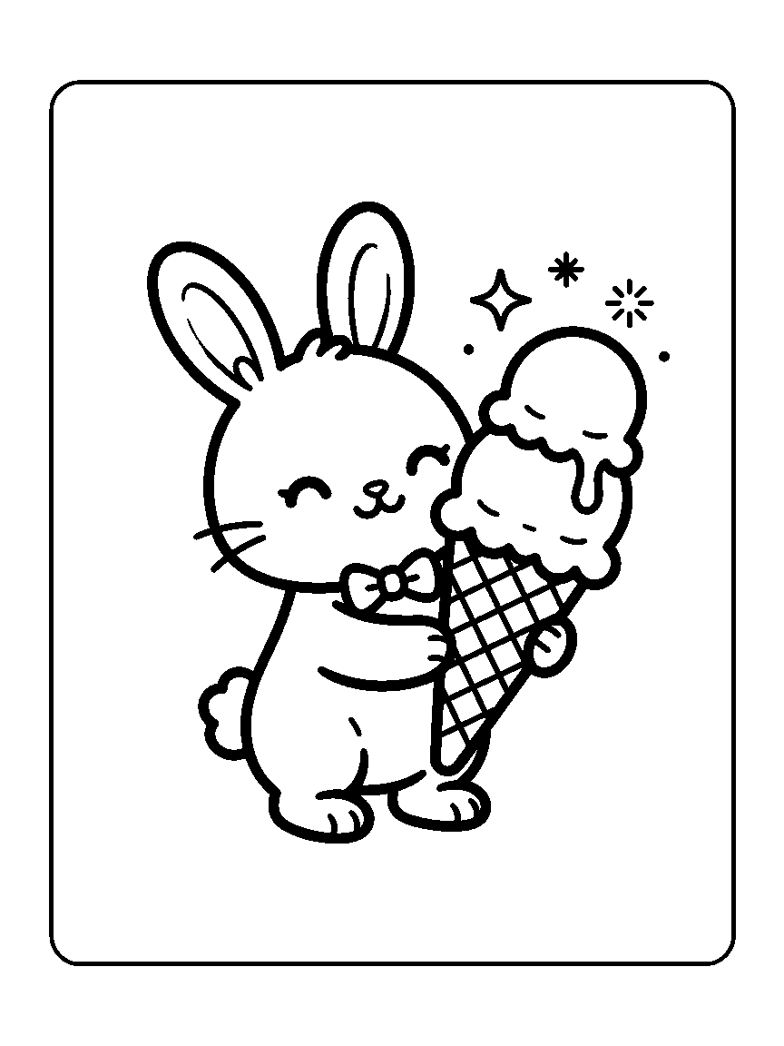 Coloring page of a chibi bunny holding a two-scoop ice cream cone with sparkles