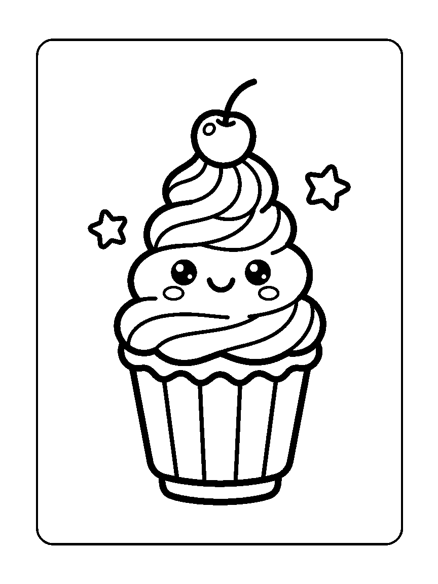 Coloring page of a smiling soft-serve swirl in a cup with a cherry on top and two stars