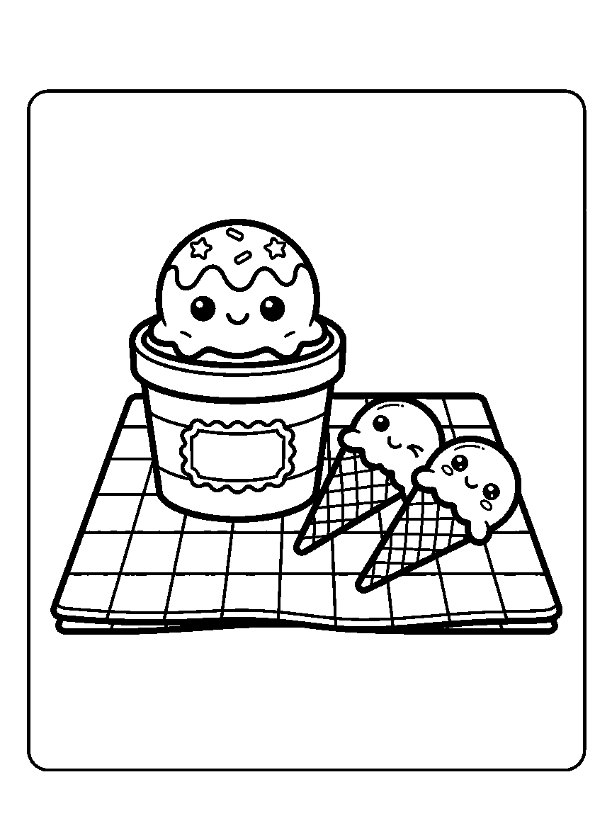 Coloring page of an ice cream tub on a check picnic blanket with a scoop on top and two cones beside it