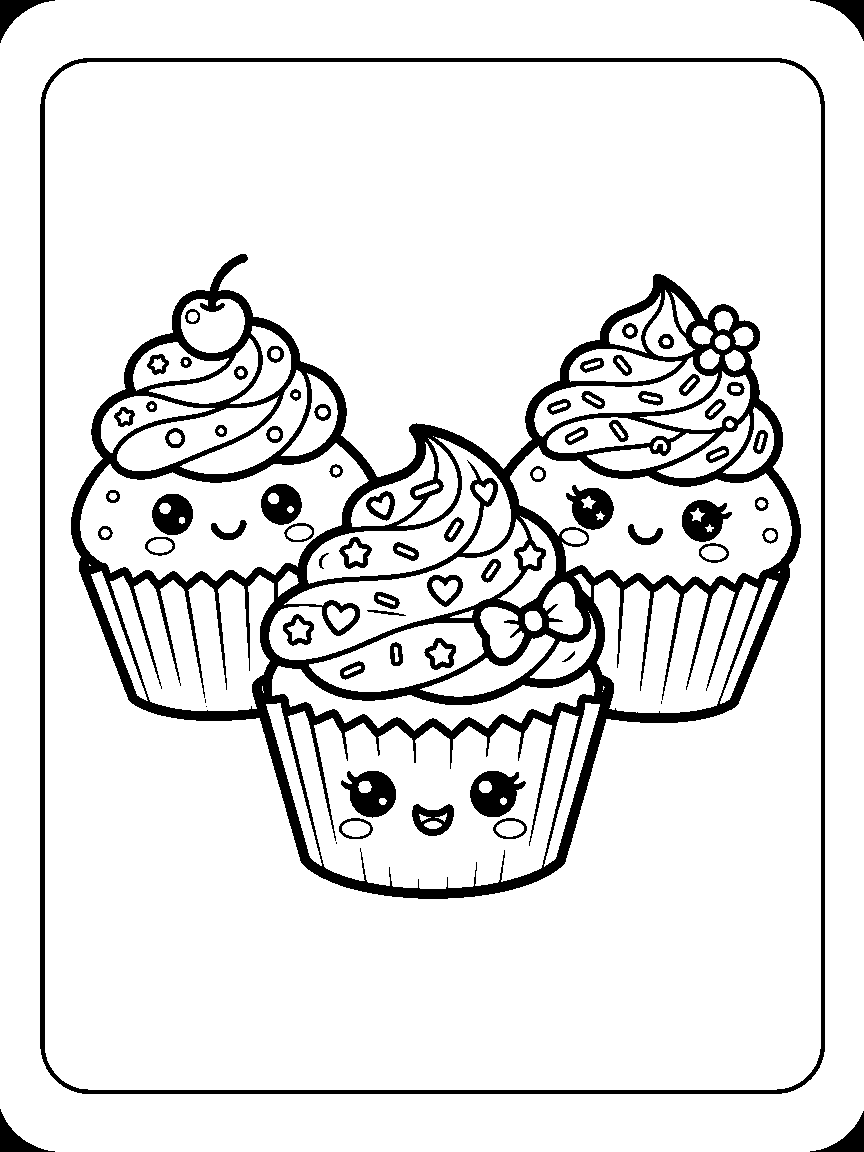 Coloring page of three cupcakes with faces, different frosting swirls, liner folds, and sprinkles