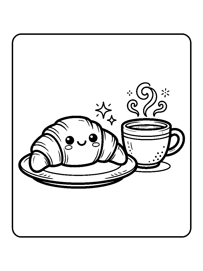 Coloring page of a smiling croissant on a plate beside a cup with three steam curls