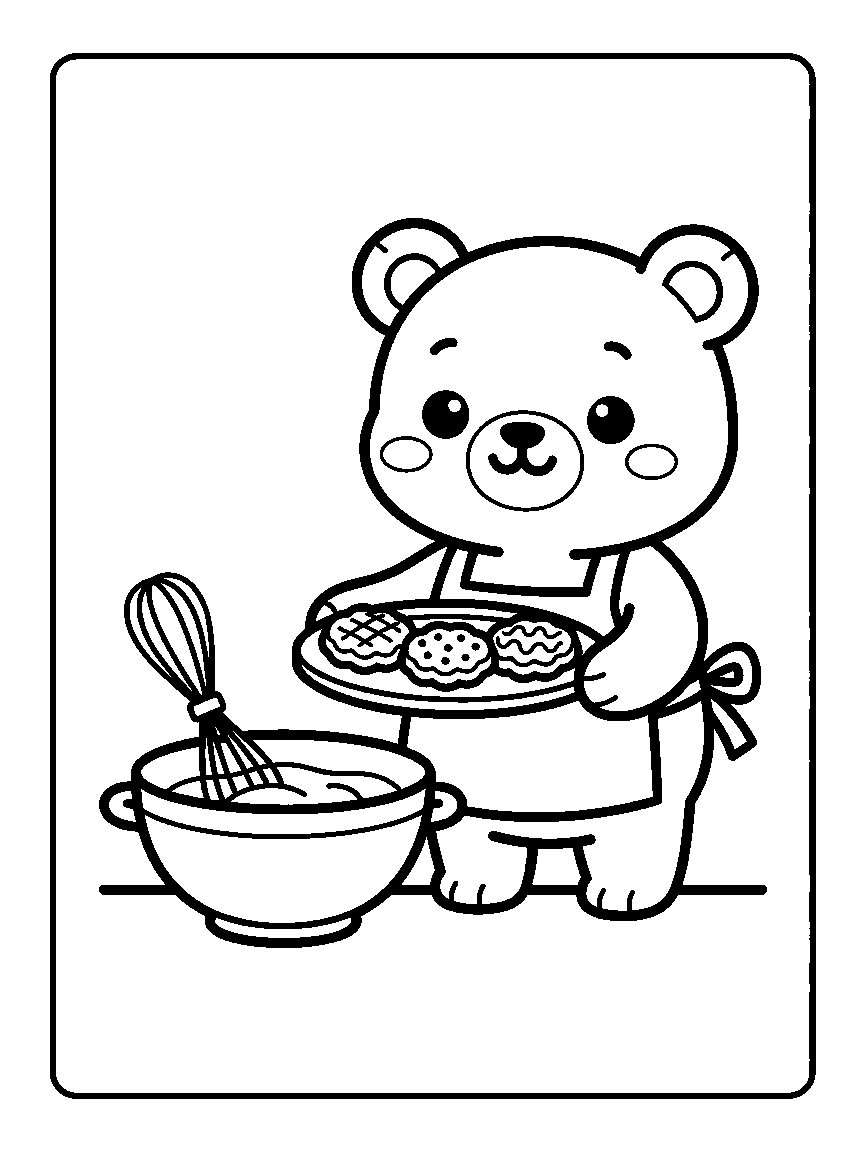 Coloring page of a chibi bear in an apron holding a tray of three cookies beside a bowl and whisk