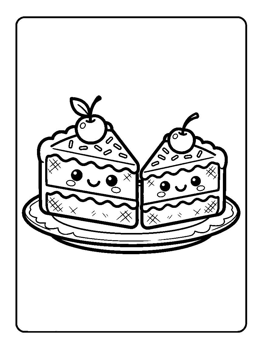 Coloring page of two smiling cake slices on a plate, each with frosting and a cherry