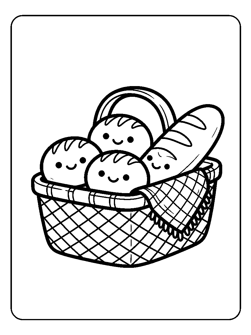 Coloring page of a woven basket with three smiling bread rolls, a long loaf, and a folded cloth