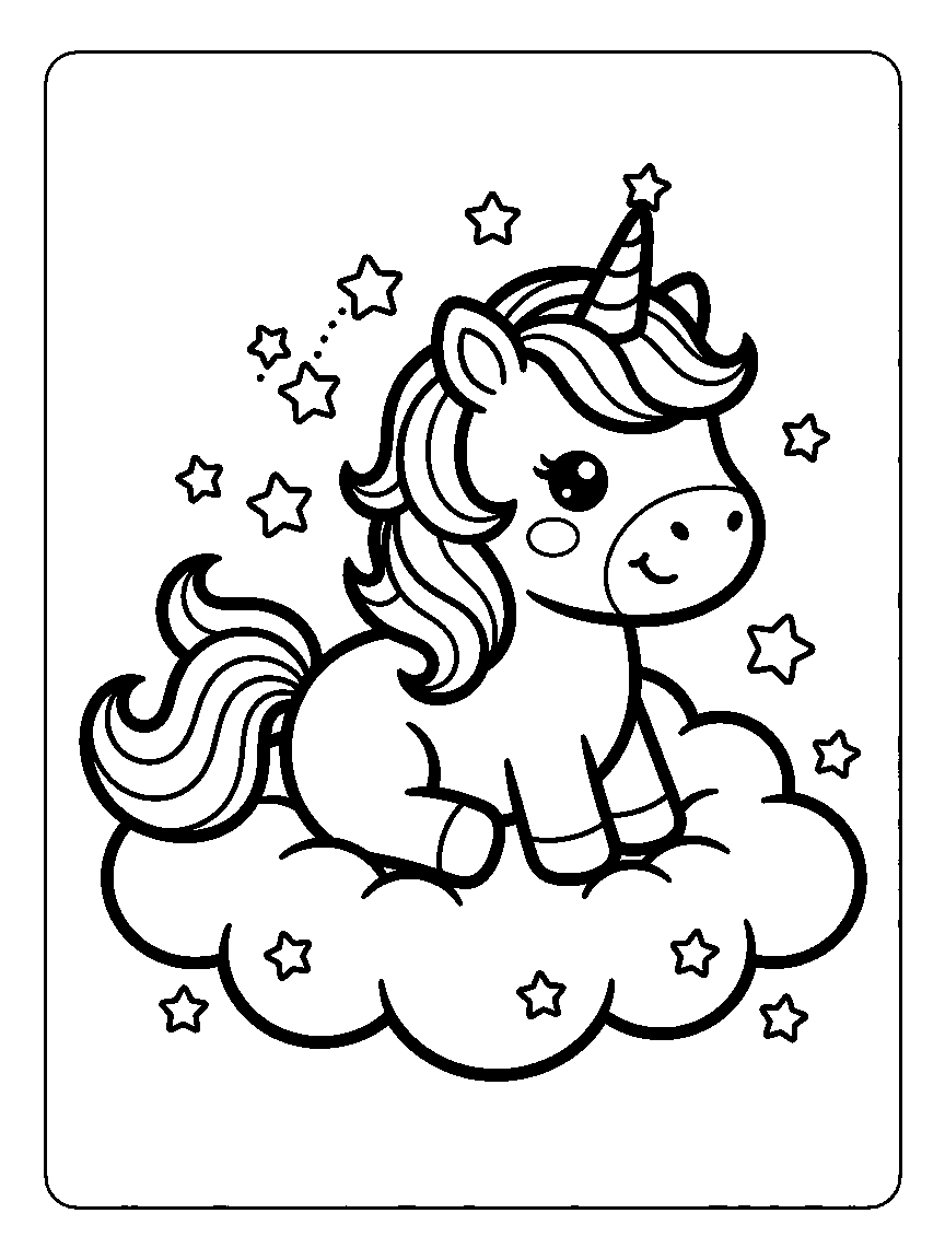 Coloring page of a unicorn sitting on a cloud with a spiral horn, simple mane, and stars
