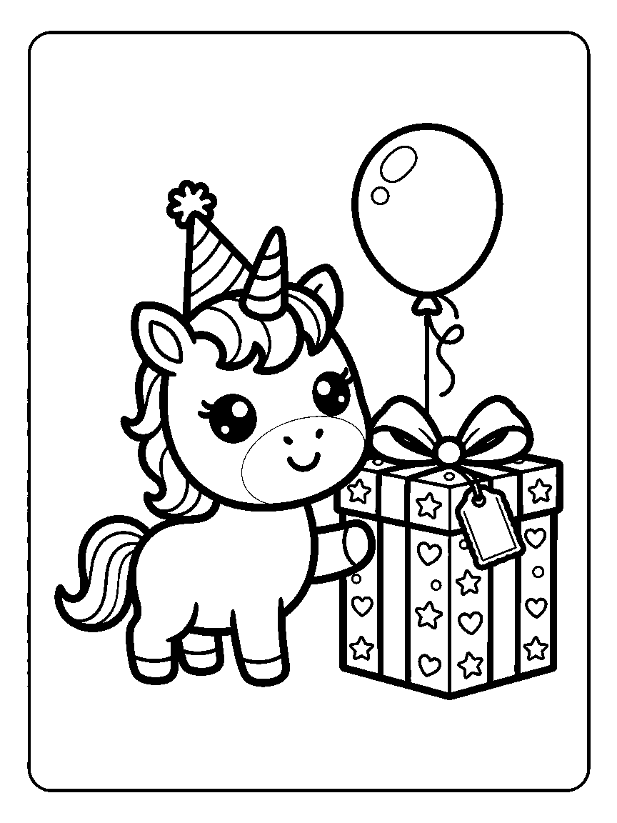 Coloring page of a unicorn with a tilted party hat, a wrapped gift, and a balloon