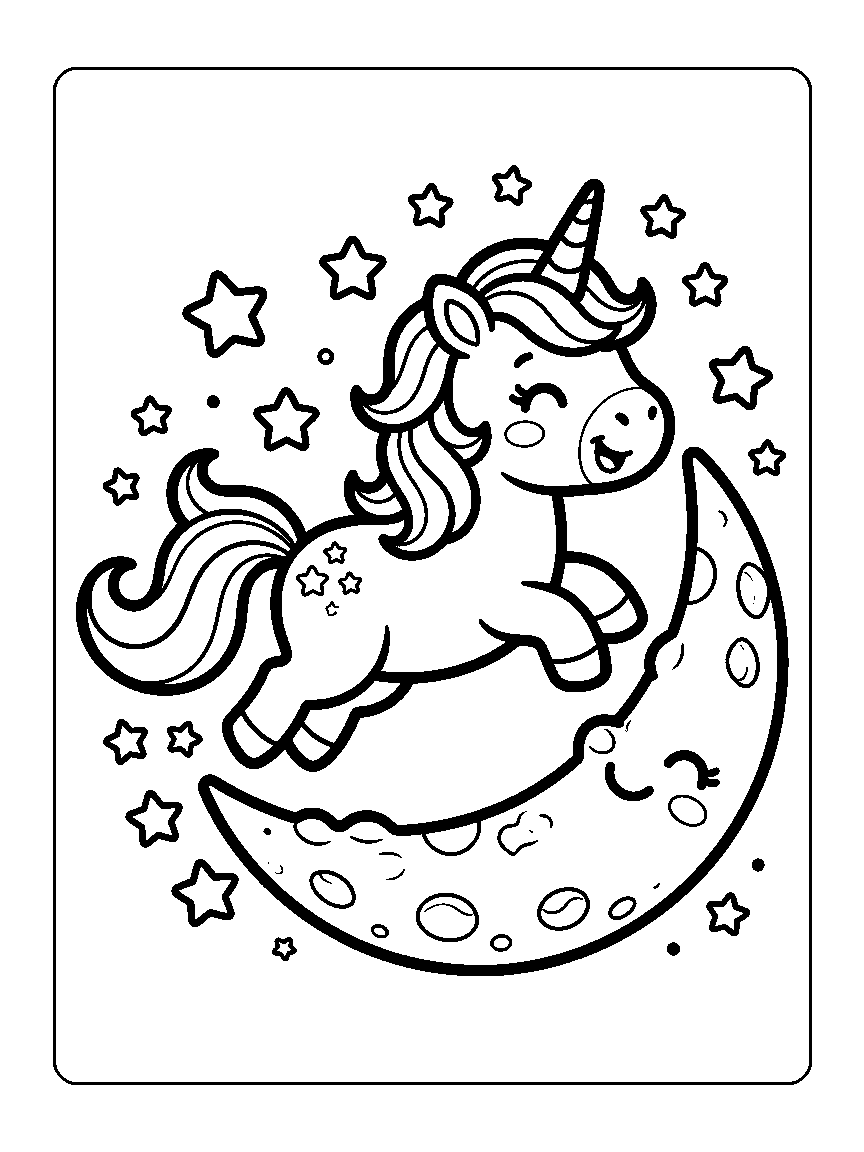 Coloring page of a unicorn leaping across a crescent moon with stars