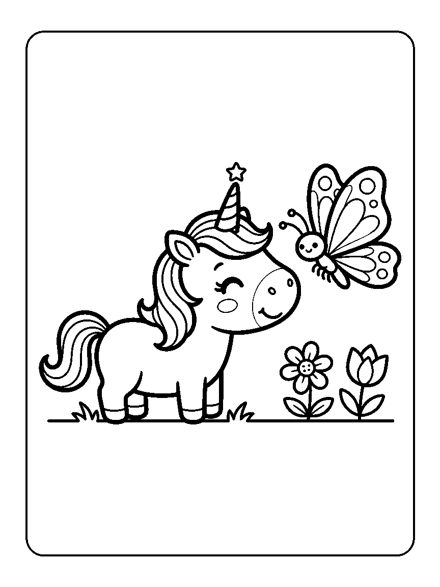 Coloring page of a unicorn leaning toward a butterfly beside two flowers